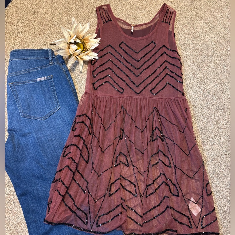 Free People Women Sheer Mesh Beaded Mini Embellished Slip